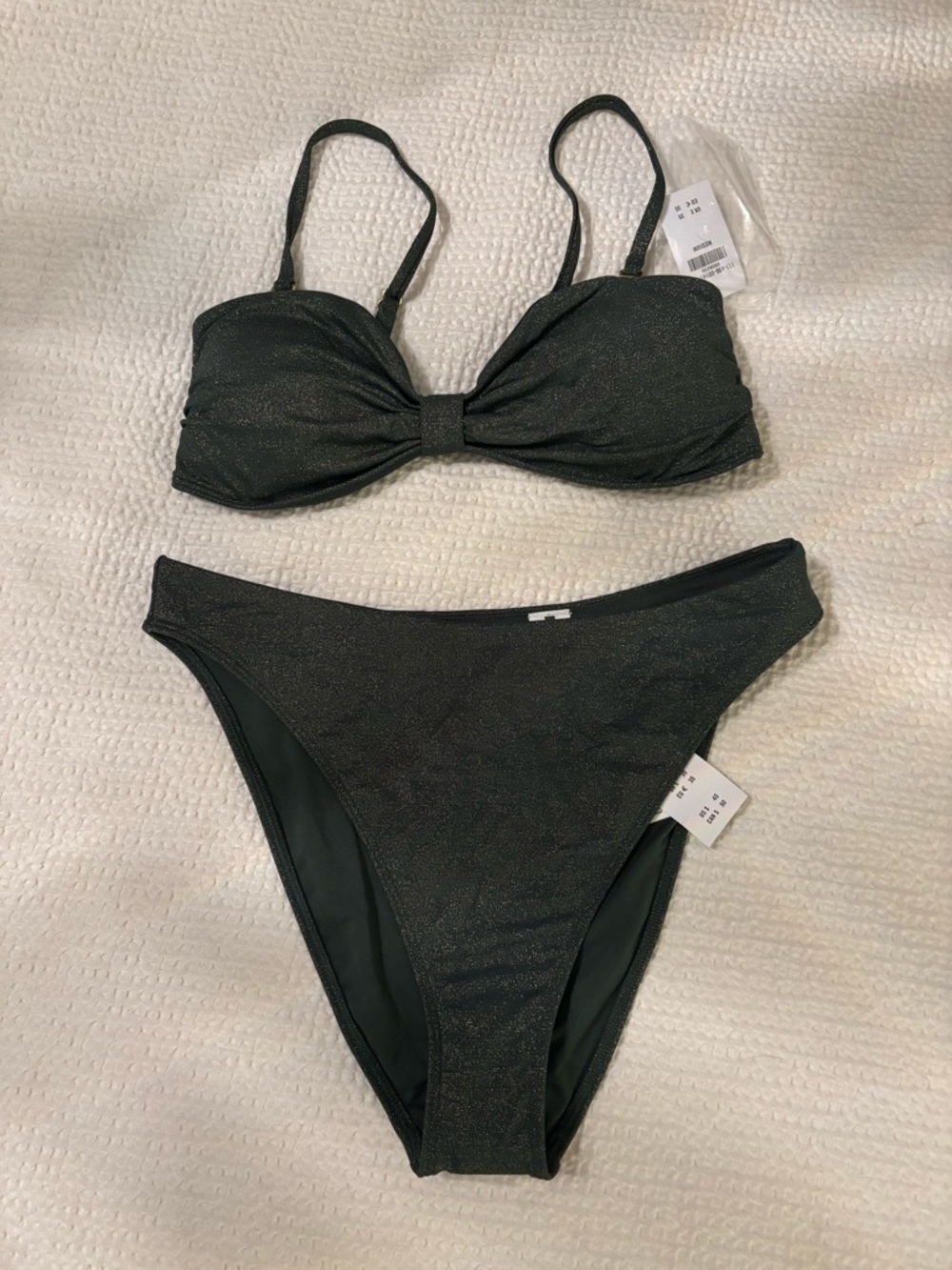 Women's Shimmer dark green Bikini Set - Bandeau Top & High Leg Bottoms